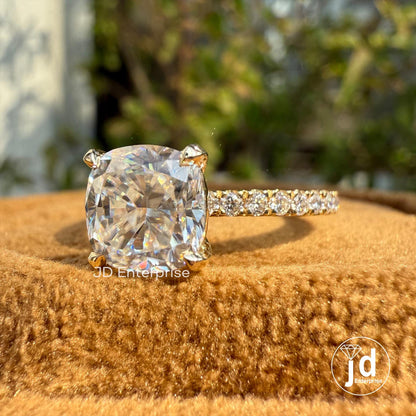 Cushion Moissanite Engagement Ring with Pave Cathedral Shank Setting, Wedding Ring for Her, Anniversary Gifts, Handmade Yellow Gold Ring
