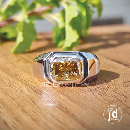2.70 CT Bezel Set Radiant Cut Light Yellow Moissanite Men's Engagement Ring, Solitaire Ring, Wedding Ring, Anniversary Solid Gold Ring