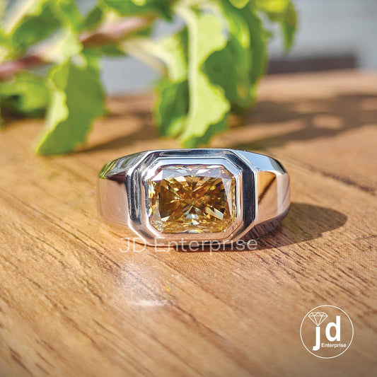2.70 CT Bezel Set Radiant Cut Light Yellow Moissanite Men's Engagement Ring, Solitaire Ring, Wedding Ring, Anniversary Solid Gold Ring