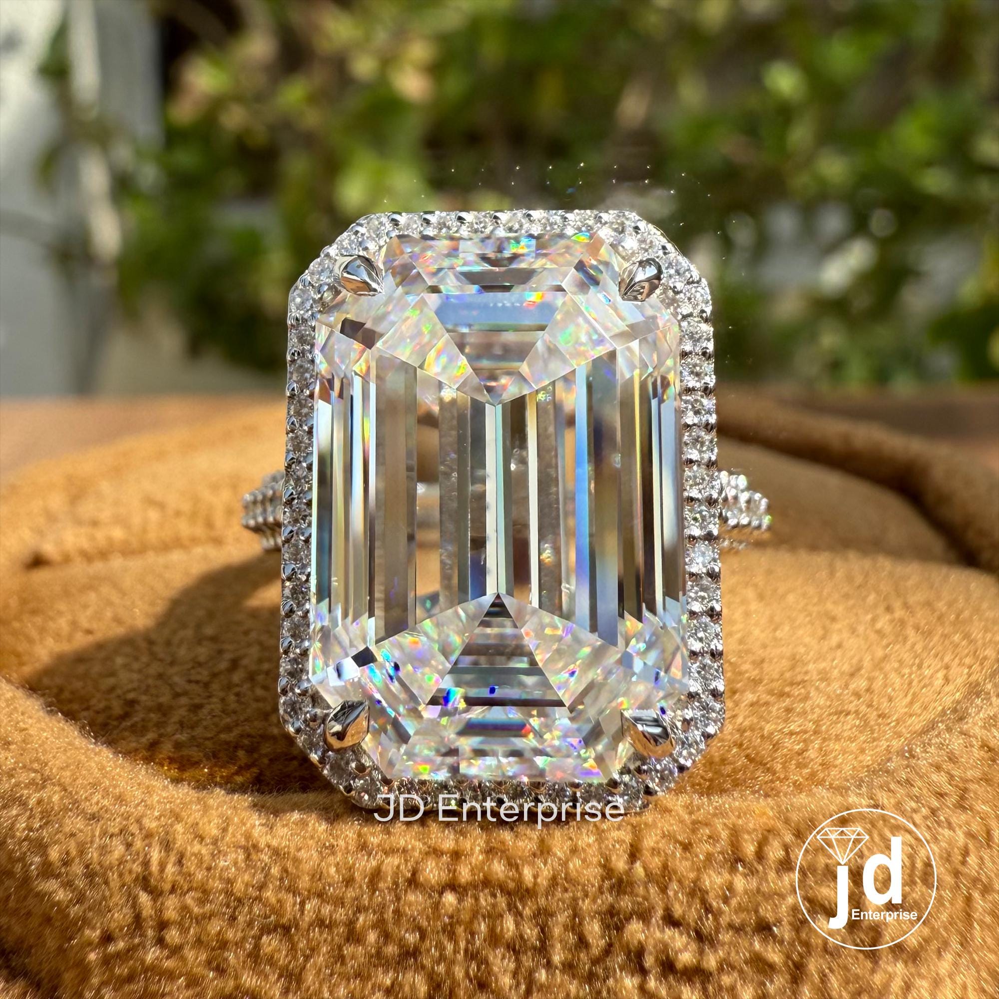 Big 11.00 CT Emerald Cut Colorless Moissanite Engagement Ring, Halo with Hidden Halo Wedding Ring, Celebrity Style Three Side Pave Ring