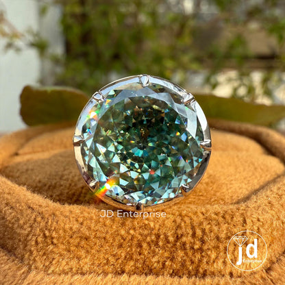 Two-Tone Bezel Engagement Ring, 7.75 CT Portuguese Cut Greenish Blue Moissanite Ring, Classic Solitaire Wedding Ring, Anniversary Gift