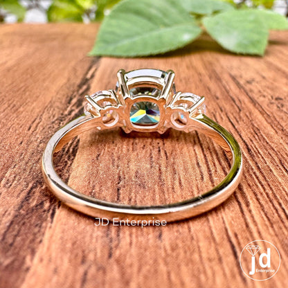4.00TCW Cushion Cut Blue Green Moissanite Three Stone Engagement Ring, 10k Yellow Gold Bridal Ring, Cocktail Anniversary Ring, Wedding Ring