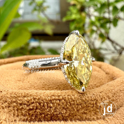 Canary Yellow Moissanite Engagement Ring, 4.00 CT Antique Elongated Oval Wedding Ring, Hidden Halo Milgrain Ring, Anniversary Gift Ring