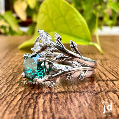 1.25 CT Portuguese Cut Green Moissanite Wedding Ring Set, Vintage Leaf Engagement Ring Set, Nature Inspired Anniversary Matching Band