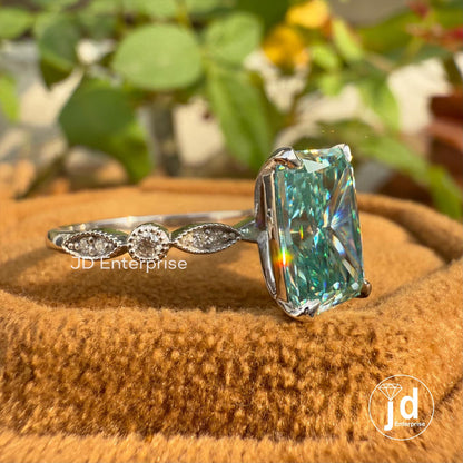 3.00 CT Cyan Blue Radiant Cut Engagement Ring, Milgrain Wedding Ring, Promise Ring, Bridal Ring, Anniversary Gift Ring, Claw Prong Setting