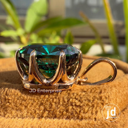 12.50 CT Cushion Cut Dark Green Moissanite Pendant for Necklaces, Vintage Solitaire Wedding Pendant, Claw Prong Setting, Rose Gold Pendant