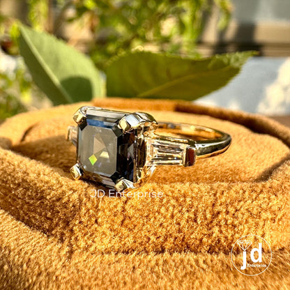 3.00 CT Asscher Cut Dark Grey Moissanite Engagement Ring, Three Stone Wedding Ring, Tapered Baguette Accent Ring, Yellow Gold Ring, Bridal