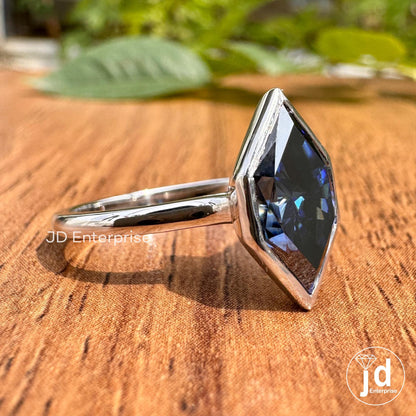 Dark Blue Solitaire Moissanite Engagement Ring, Dutch Marquise Cut Moissanite Ring, Moissanite Anniversary Ring, Bezel Set Bridesmaid Ring