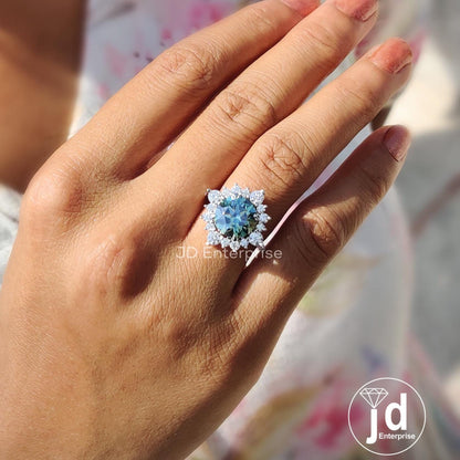 3.50 CT Round Cut Bluegreen Moissanite Engagement Ring, Vintage Halo Anniversary Gifts Ring, Flower Design Cluster Wedding Rings for Women