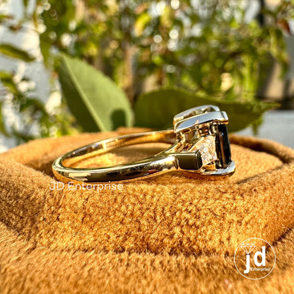 3.00 CT Asscher Cut Dark Grey Moissanite Engagement Ring, Three Stone Wedding Ring, Tapered Baguette Accent Ring, Yellow Gold Ring, Bridal