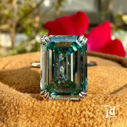 Emerald Moissanite Ring, Solitaire Moissanite Wedding Ring, Greenish Blue Moissanite Engagement Ring, Double Claw Prongs, Anniversary Ring