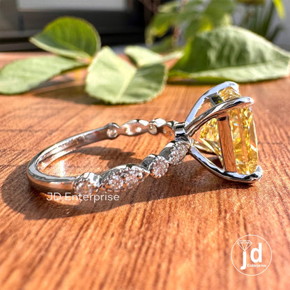 4.50 CT Princess Cut Canary Yellow Moissanite Engagement Ring, Accent Set Wedding Ring, Milgrain Ring, Anniversary Gifts Ring, Proposal Ring