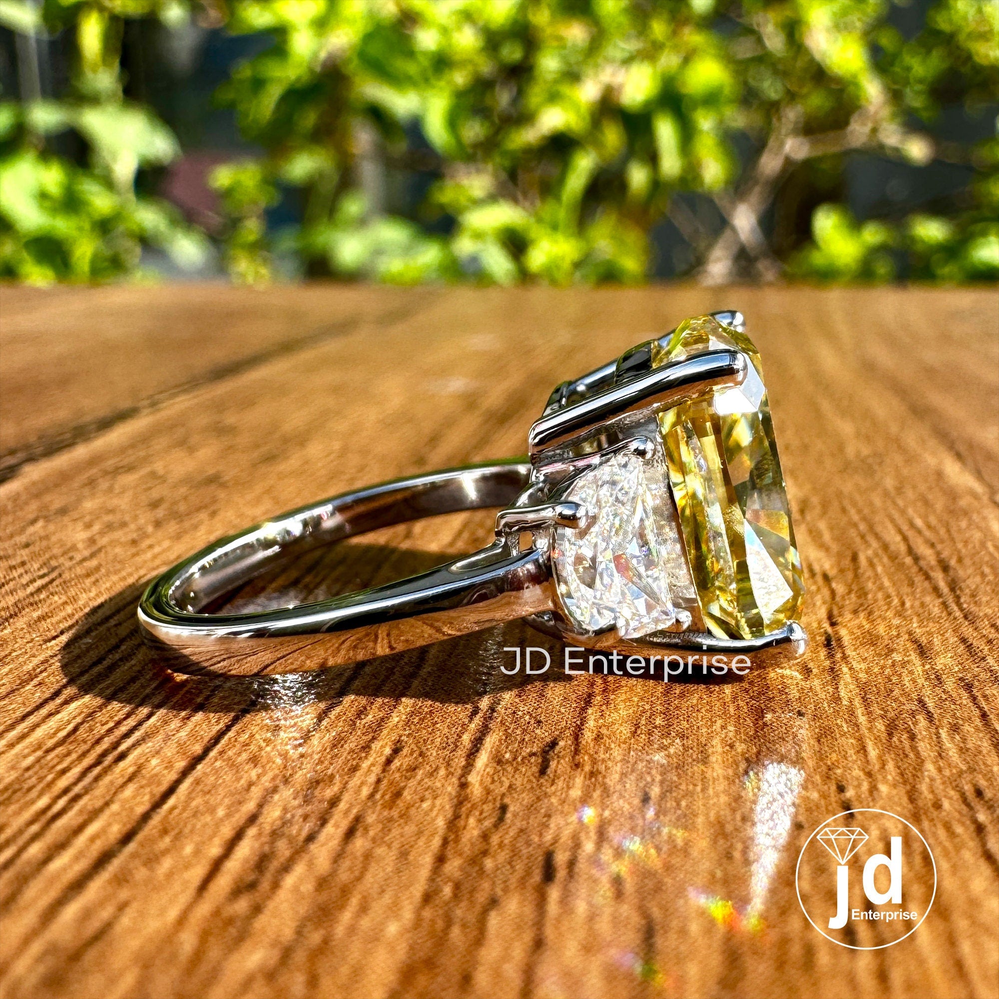 9.30 TW Cushion Cut Canary Yellow Moissanite Ring, Three Stone Engagement Ring, Side Half Moon Cut, Wedding Ring, Elongated Cushion Cut