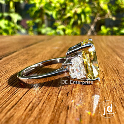 9.30 TW Cushion Cut Canary Yellow Moissanite Ring, Three Stone Engagement Ring, Side Half Moon Cut, Wedding Ring, Elongated Cushion Cut