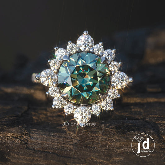 3.60 CT Round Cut Bluegreen Moissanite Engagement Ring, Vintage Halo Anniversary Ring, Pave Set Wedding Rings for Women, Bridal Ring Set