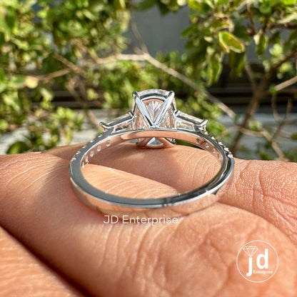 3.20 TW Elongated Cushion Moissanite Ring, Three Stone Engagement Ring, Side Tapered Baguettes Wedding Ring, Pave Set Propose Ring for Women