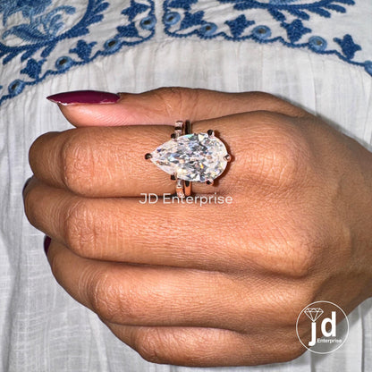 9.00TW Big Pear Cut Moissanite Engagement Ring, Solitaire Teardrop Wedding Ring Set, Celebrity Style Bridal Ring Set, Open Gap Baguette Band