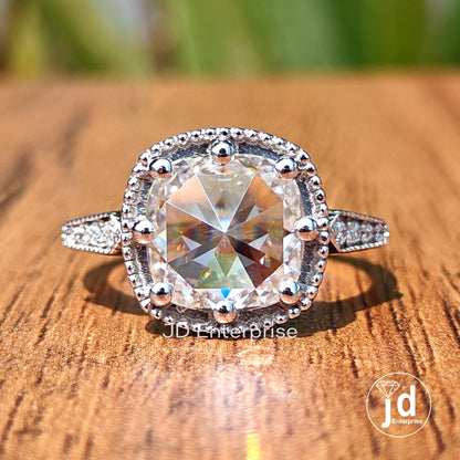 3.00 CT Antique Rose Cut Cushion Moissanite Engagement Ring, Milgrain Ring, Wedding Ring, Pave Basket Set Art Deco Ring, Anniversary Ring