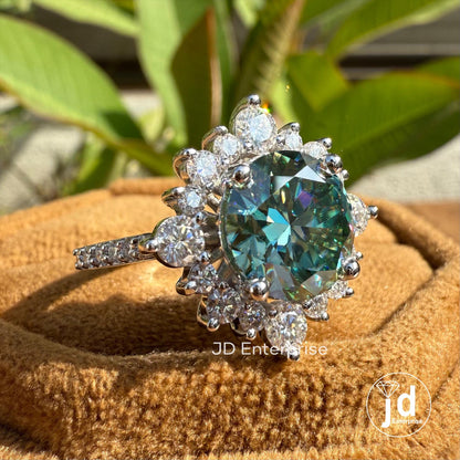 3.50 CT Round Cut Bluegreen Moissanite Engagement Ring, Vintage Halo Anniversary Gifts Ring, Flower Design Cluster Wedding Rings for Women