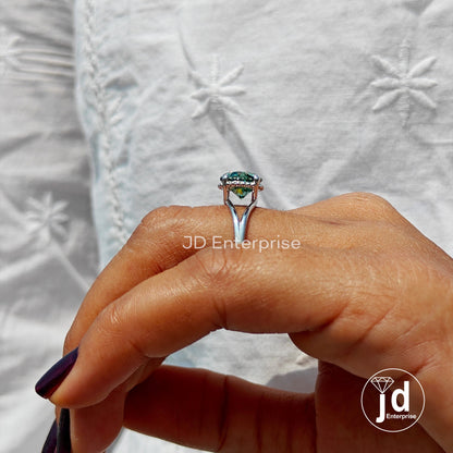 2.36 CT Round Cut Green Moissanite Engagement Ring, Solitaire Ring, Wedding Ring, Split Shank Ring, Bridal Ring, Anniversary Gift Ring