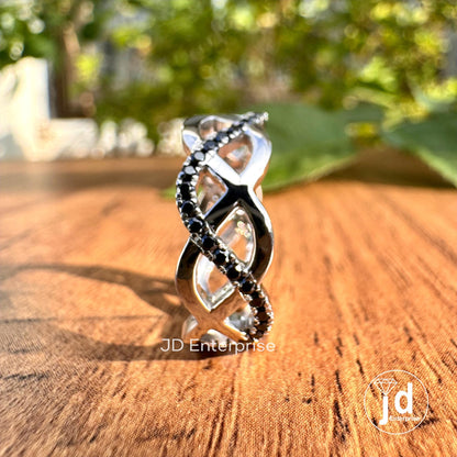 Infinity Twisted Shank Wedding Band, Designer Cross Over Band, Round Cut Black Moissanite Band, Engagement Ring, Anniversary Gift for Her