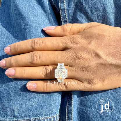 11.00 TCW Large Radiant Cut Moissanite Engagement Ring, Three Stone Celebrity Style Wedding Ring, Trapezoid Cut, Claw Prongs, Bride Ring Set