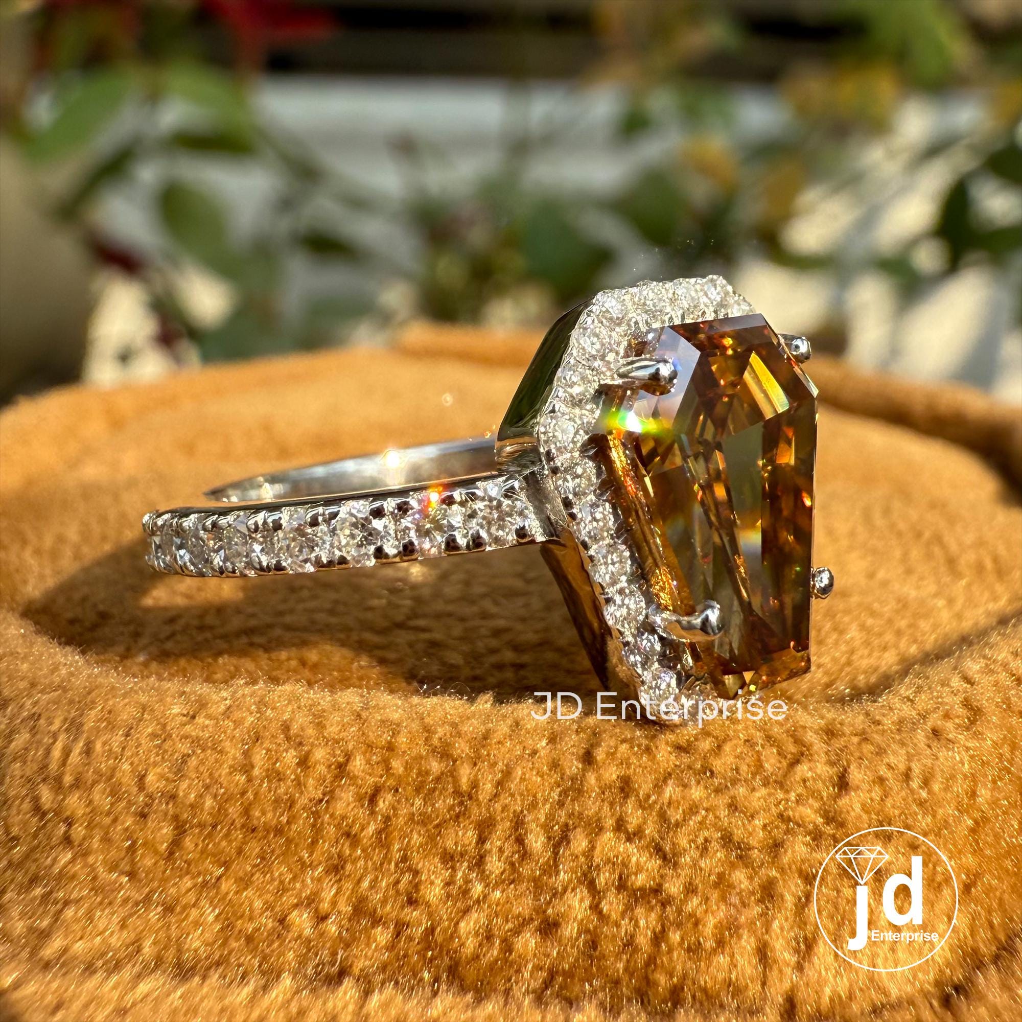 1.81 CT Coffin Cut Brown Champagne Moissanite Ring, Halo Engagement Ring, Unique Coffin Wedding Ring for Anniversary Gift, White Gold Ring