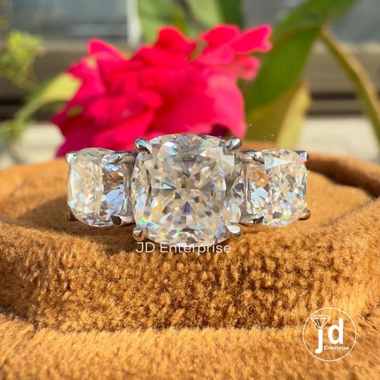 Three Stone Cushion Cut Moissanite Engagement Ring, Two-Tone Trilogy Ring, Square Cushion Wedding Ring, Anniversary Gifts Ring, Bridal Ring