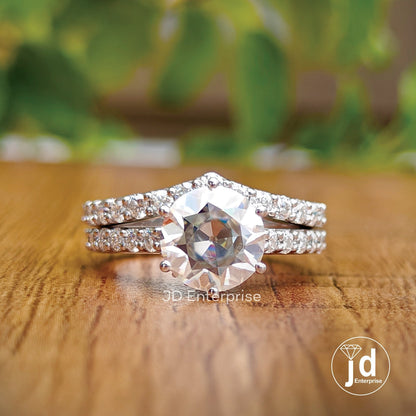 Vintage Style Wedding Set, 2.00 CT Round Old European Cut Moissanite Hidden Halo Engagement Ring, Half Eternity Curved Band, Bridal Ring Set