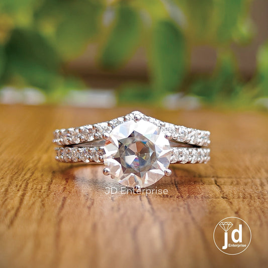 Vintage Style Wedding Set, 2.00 CT Round Old European Cut Moissanite Hidden Halo Engagement Ring, Half Eternity Curved Band, Bridal Ring Set