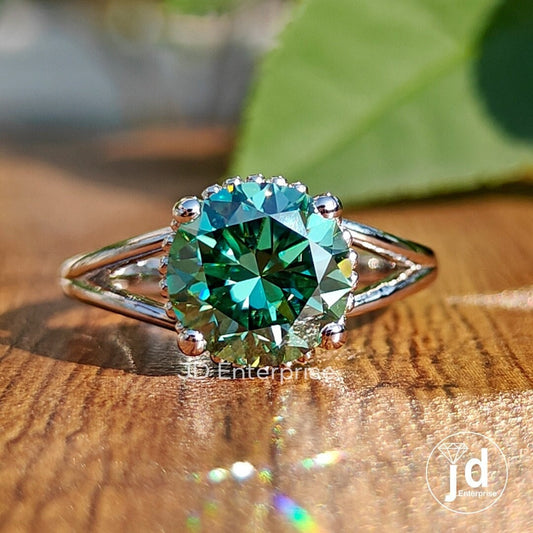 2.36 CT Round Cut Green Moissanite Engagement Ring, Solitaire Ring, Wedding Ring, Split Shank Ring, Bridal Ring, Anniversary Gift Ring