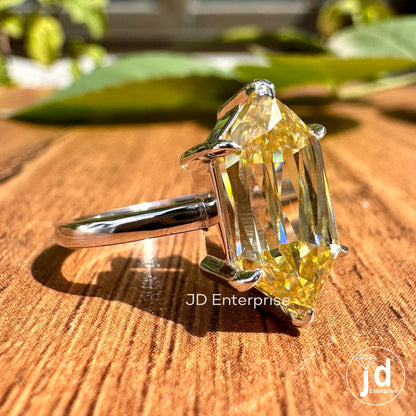 4.00 CT Hexagon Cut Canary Yellow Moissanite Engagement Ring, Yellow Solitaire Wedding Ring, Elongated Hexagon Cut Anniversary Gift Rings