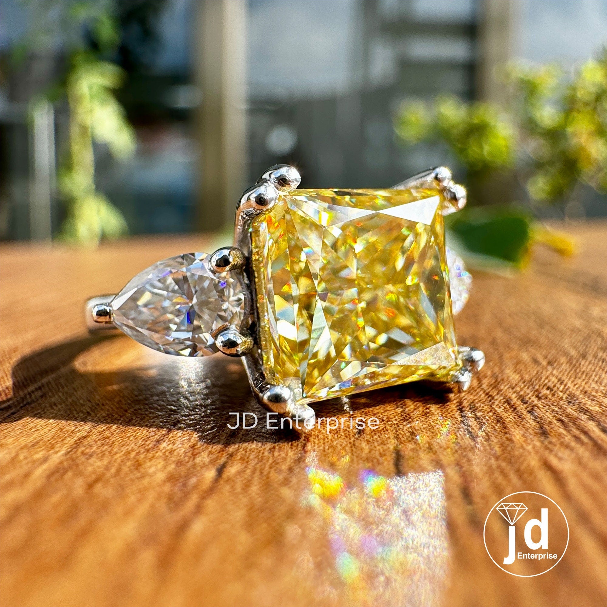 3.50 TW Canary Yellow Princess Moissanite Engagement Ring, Three Stone Wedding Ring, Anniversary Gift, Side Pear Cocktail Ring, Propose Ring