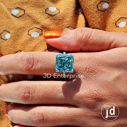 11.88 TCW Large Radiant Cut Cyan Blue Moissanite Engagement Ring, Hidden Halo Wedding Ring, Anniversary Ring, Celebrity Style Bridal Ring