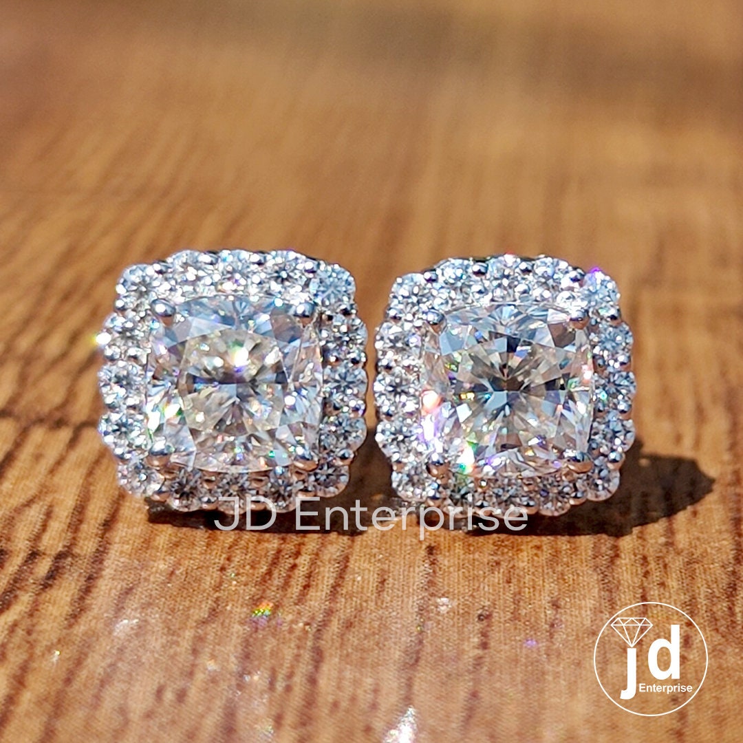 Cushion Cut Moissanite Earrings for Women, Screw Back Earrings, Anniversary Gifts, Halo Moissanite Bridal Earrings, Wedding Earrings