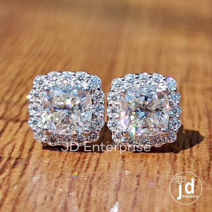 Cushion Cut Moissanite Earrings for Women, Screw Back Earrings, Anniversary Gifts, Halo Moissanite Bridal Earrings, Wedding Earrings