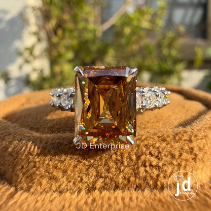 3.0 CT Criss Cut Champagne Color Moissanite Engagement Ring, Three Side Pave Wedding Ring, Hidden Halo Ring, Micro Pave Setting
