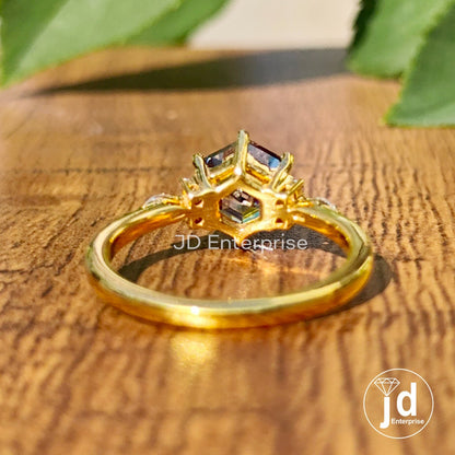 1.74 CT Hexagon Cut Grey Moissanite Engagement Ring, Accent Set Wedding Ring, 10k/14k/18k Gold Ring for Women, Anniversary Gifts Ring