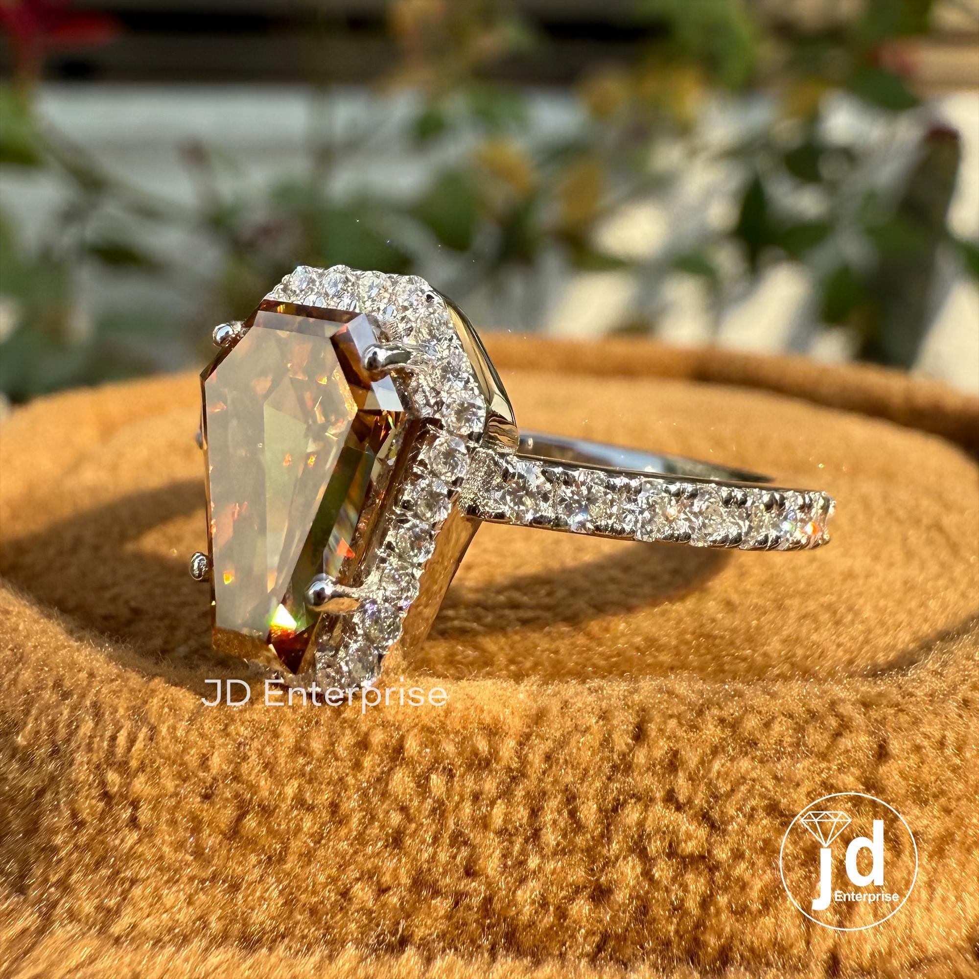 1.81 CT Coffin Cut Brown Champagne Moissanite Ring, Halo Engagement Ring, Unique Coffin Wedding Ring for Anniversary Gift, White Gold Ring