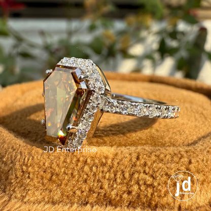1.81 CT Coffin Cut Brown Champagne Moissanite Ring, Halo Engagement Ring, Unique Coffin Wedding Ring for Anniversary Gift, White Gold Ring