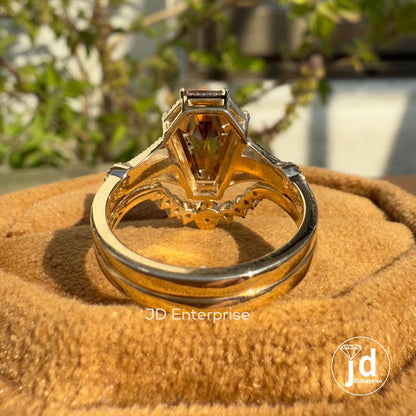3.11 TCW Coffin Cut Brownish Champagne Moissanite Engagement Ring with Chevron Wedding Band, Art Deco Bridal Set, Milgrain Anniversary Ring