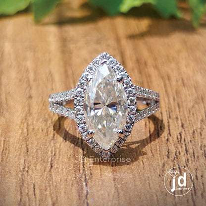 3.50CT Colorless Marquise Cut Engagement Ring, Halo Wedding Ring, Split Shank Ring, Accent Bridal Ring, Anniversary Gifts, Pave Promise Ring
