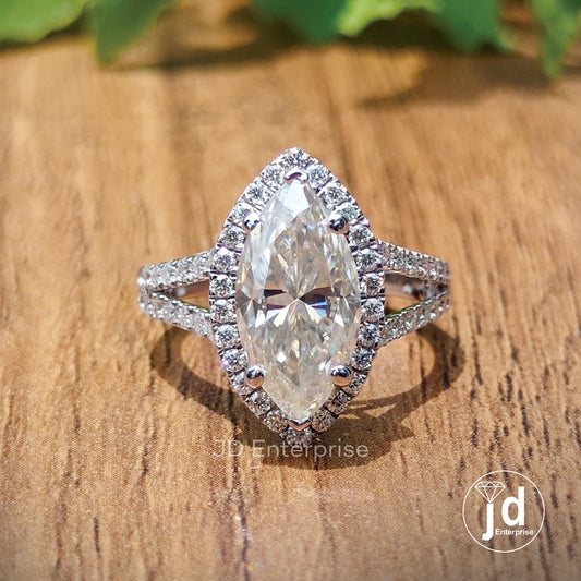 3.50CT Colorless Marquise Cut Engagement Ring, Halo Wedding Ring, Split Shank Ring, Accent Bridal Ring, Anniversary Gifts, Pave Promise Ring