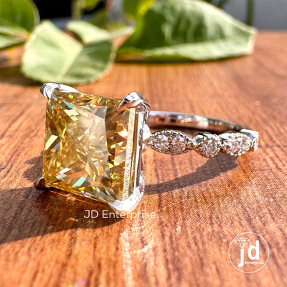 4.50 CT Princess Cut Canary Yellow Moissanite Engagement Ring, Accent Set Wedding Ring, Milgrain Ring, Anniversary Gifts Ring, Proposal Ring