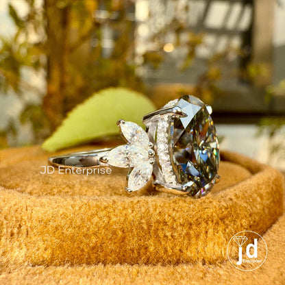 3.00 CT Oval Cut Grey Moissanite Engagement Ring, Cluster Hidden Halo Wedding Ring, Vintage Bridal Ring, Promise Ring, Anniversary Gift