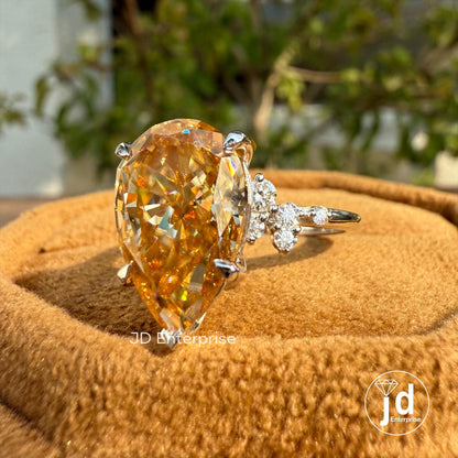 Large Pear Cut Moissanite Ring for Women, 5.00 CT Champagne Moissanite Diamond Engagement Ring, Cluster Wedding Ring, Anniversary Gifts Ring