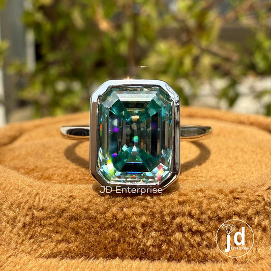 Emerald Cut Moissanite Proposal Ring, 2.50 CT Blue Green Moissanite Anniversary Ring, Solitaire Bridal Ring, Bezel Set Wedding Ring
