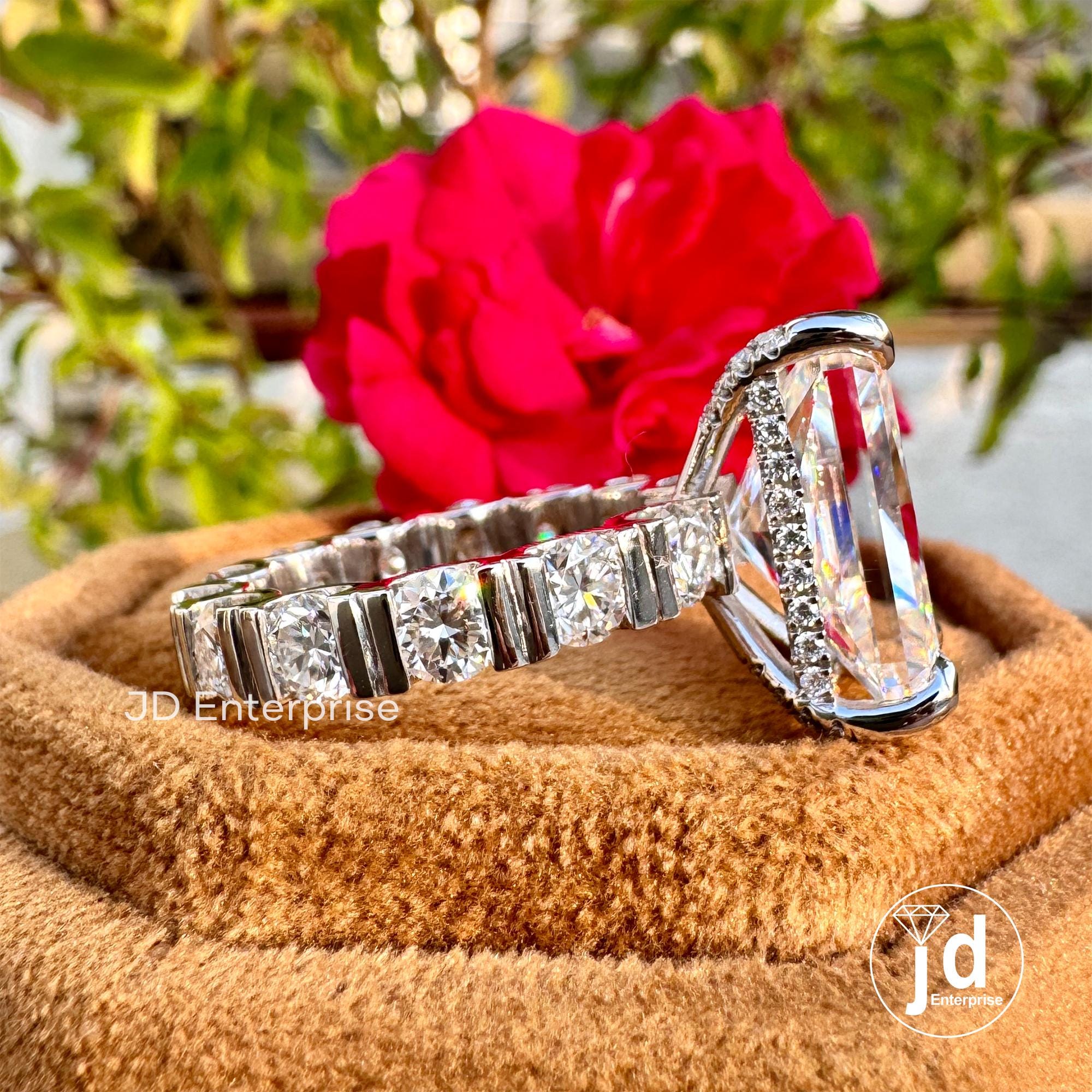 10.23CT Large Radiant Cut Moissanite Engagement Ring, Celebrity Style Solitaire Wedding Ring, Hidden Halo Bridal Ring, Bar Set Eternity Band