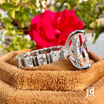 10.23CT Large Radiant Cut Moissanite Engagement Ring, Celebrity Style Solitaire Wedding Ring, Hidden Halo Bridal Ring, Bar Set Eternity Band