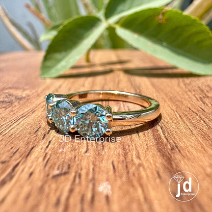 1.40 TW Round Cut Cyan Blue Moissanite Engagement Ring, Three Stone Wedding Ring, White/Yellow/Rose Gold Promise Ring, Anniversary Gift Ring